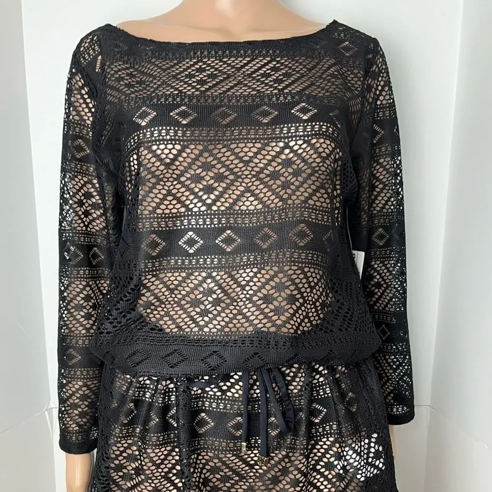 New Anne Cole Black Lace Long Sleeve Crochet Cinch Waist Swimsuit Coverup